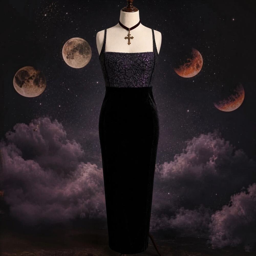 Vintage Jessica McClintock Gunne Sax Black Velvet Spiderweb Maxi Dress 90s Goth